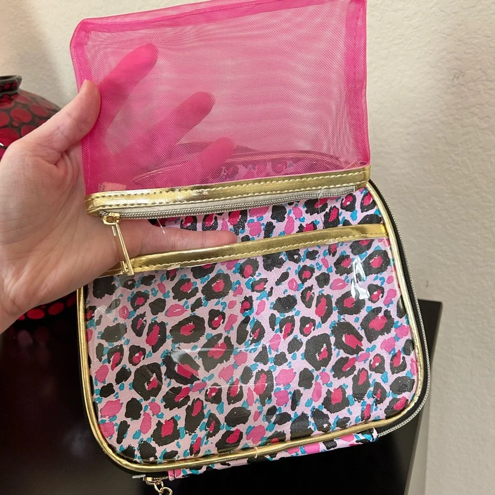 Juicy Couture Pink Leopard Print Cosmetic Case with Gold Trim